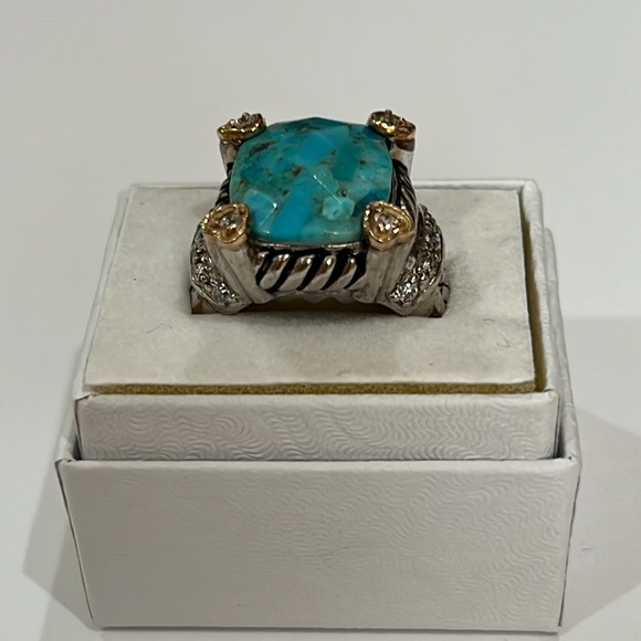 Lovely Checkerboard Faceted Turquoise Ring CZ Sterling Silver Ring Sz.7 - Picture 1 of 11